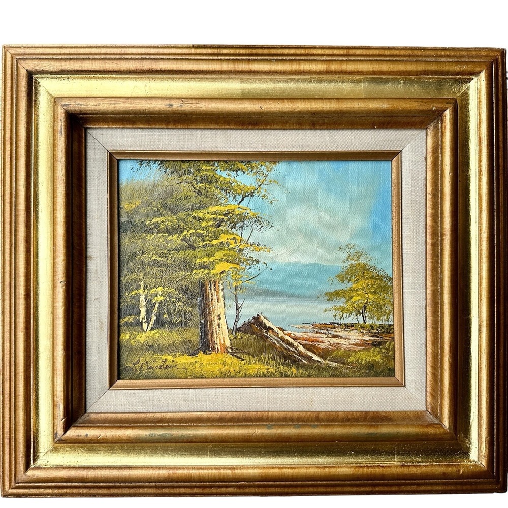 VTG Original Oil Painting 15x17 Inch Landscape Tree Forest Mountain River Signed